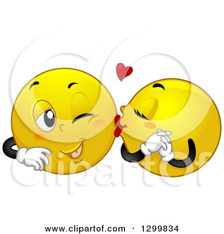 Clipart of a Cartoon Yellow Smiley Face Emoticon Couple Kissing on the Cheek - Royalty Free Vector Illustration by BNP Design Studio