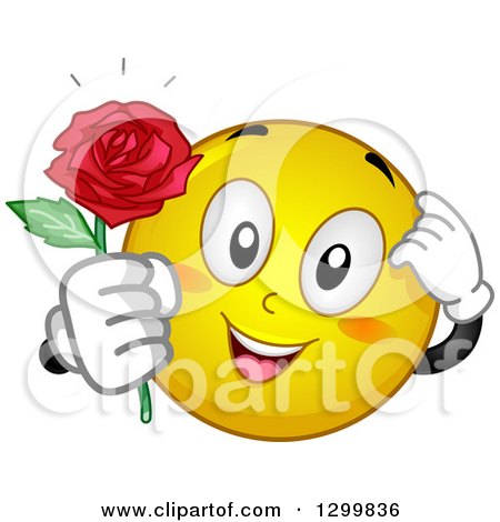 Clipart of a Cartoon Yellow Smiley Face Emoticon Giving a Rose - Royalty Free Vector Illustration by BNP Design Studio