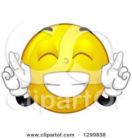 Clipart of a Cartoon Yellow Smiley Face Emoticon Crossing Fingers for