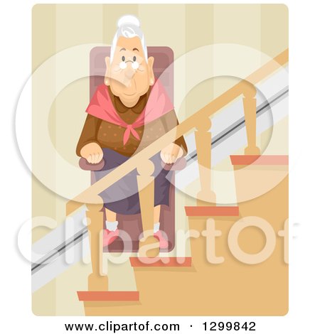 Clipart of a Cartoon Senior White Woman Using a Wheelchair Lift up the Stairs - Royalty Free Vector Illustration by BNP Design Studio