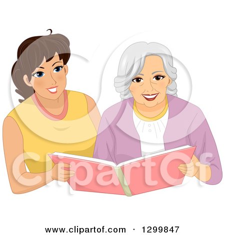 Clipart of a Cartoon Senior White Woman Looking Through a Photo Album with a Home Care Nurse - Royalty Free Vector Illustration by BNP Design Studio