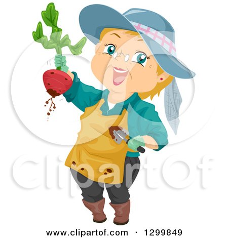 Clipart of a Cartoon Senior White Woman Holding up a Beet from a Garden - Royalty Free Vector Illustration by BNP Design Studio