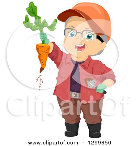 Clipart of a Cartoon Senior White Woman Holding up a Carrot from a Garden - Royalty Free Vector Illustration by BNP Design Studio