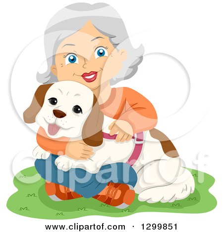 Clipart of a Cartoon Senior White Woman Sitting in Grass and Hugging Her Dog - Royalty Free Vector Illustration by BNP Design Studio