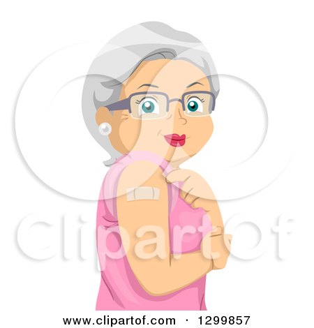 Clipart of a Cartoon Senior White Woman Showing a Bandage Where She Was Vaccinated - Royalty Free Vector Illustration by BNP Design Studio