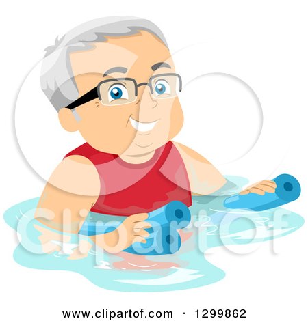 Clipart of a Cartoon Happy White Senior Man Wearing Glasses and Floating with a Noodle in a Swimming Pool - Royalty Free Vector Illustration by BNP Design Studio