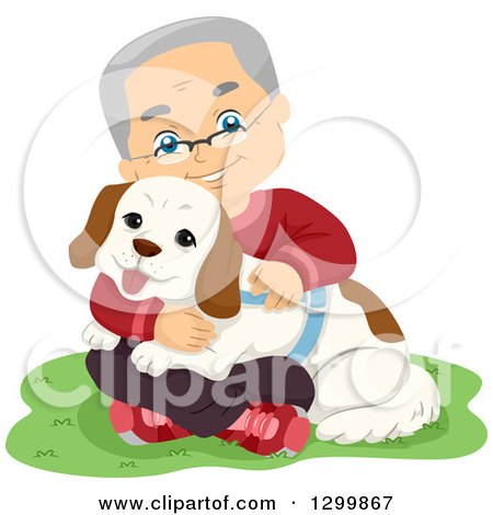 Clipart of a Happy White Senior Man Sitting in Grass and Hugging His Dog - Royalty Free Vector Illustration by BNP Design Studio