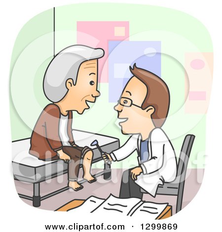 Clipart of a Cartoon Brunette Male Doctor Checking the Knee of a Male Senior Patient - Royalty Free Vector Illustration by BNP Design Studio