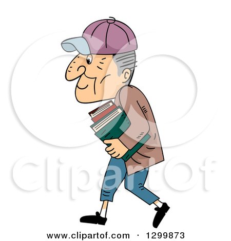 Clipart of a Cartoon Senior White Man Carrying Books and Walking to the Left - Royalty Free Vector Illustration by BNP Design Studio