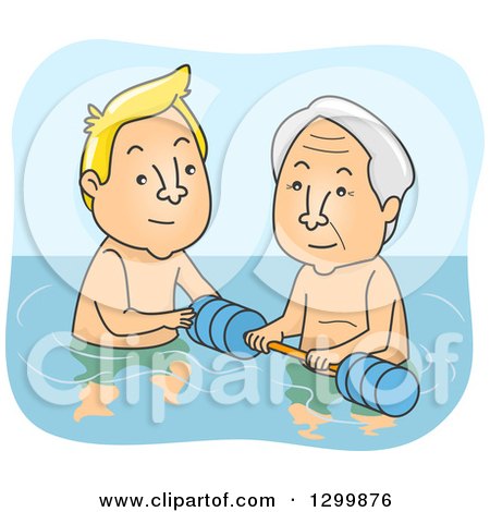 Clipart of a Cartoon Blond White Man Helping a Senior Man with Water Therapy - Royalty Free Vector Illustration by BNP Design Studio