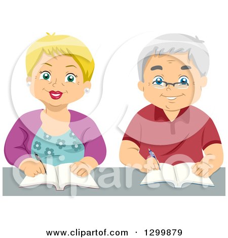 Clipart of a Cartoon Senior White Couple Writing or Taking Notes in Class -  Royalty Free Vector Illustration by BNP Design Studio #1299879