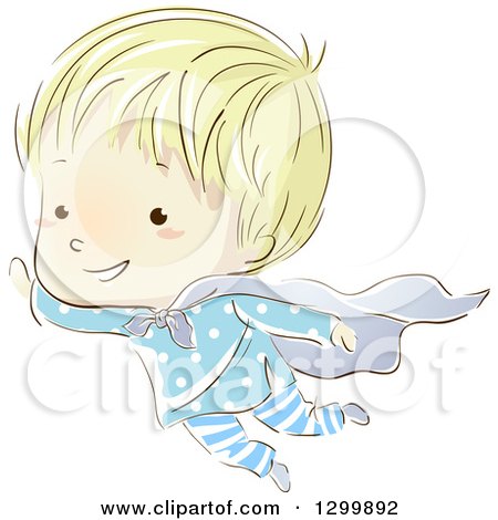 Clipart of a Sketched Blond White Boy Flying in a Cape and Pajamas in His Dreams - Royalty Free Vector Illustration by BNP Design Studio
