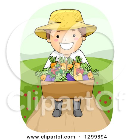 Clipart of a Cartoon Brunette White Boy or Man Carrying a Harvest Vegetable Box - Royalty Free Vector Illustration by BNP Design Studio