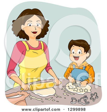 Clipart of a Brunette White Woman and Son Making Dough and Cookies - Royalty Free Vector Illustration by BNP Design Studio