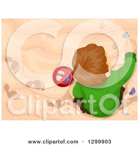 Clipart of a View down on a Brunette White Boy Playing in the Sand and Collecting Shells - Royalty Free Vector Illustration by BNP Design Studio