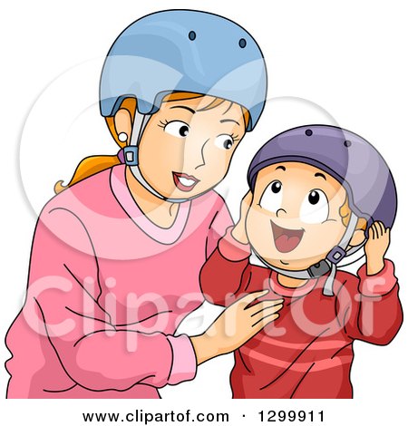 Clipart of a Red Haired White Mother and Son Putting on Helmets - Royalty Free Vector Illustration by BNP Design Studio