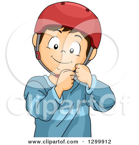 Clipart of a Brunette White Boy Fastening a Helmet - Royalty Free Vector Illustration by BNP Design Studio