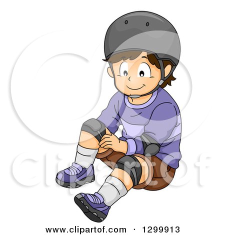 Clipart of a Brunette White Boy in a Helmet, Fastening Knee Pads - Royalty Free Vector Illustration by BNP Design Studio