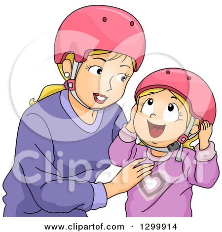Clipart of a Blond White Mother and Daughter Putting on Helmets - Royalty Free Vector Illustration by BNP Design Studio