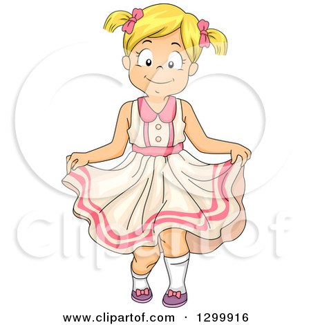 Clipart of a Happy Blond White Girl Curtseying in a Dress - Royalty Free Vector Illustration by BNP Design Studio