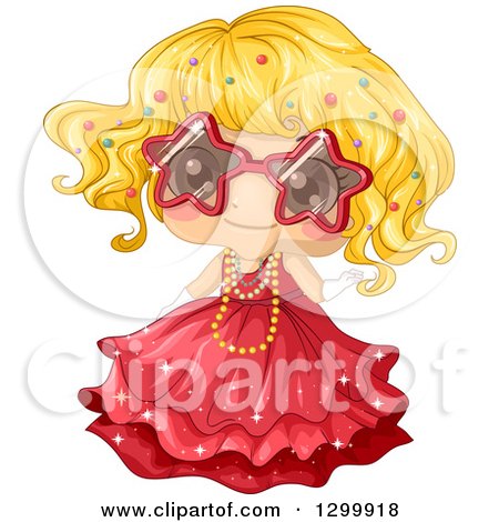 Clipart of a Blond White Girl in a Fancy Red Dress and Star Shaped Sunglasses - Royalty Free Vector Illustration by BNP Design Studio