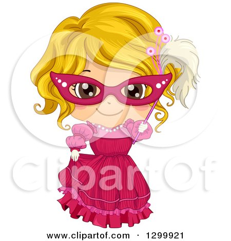 Clipart of a Happy Blond White Girl in a Masquerade Costume, Holding up a Mask - Royalty Free Vector Illustration by BNP Design Studio