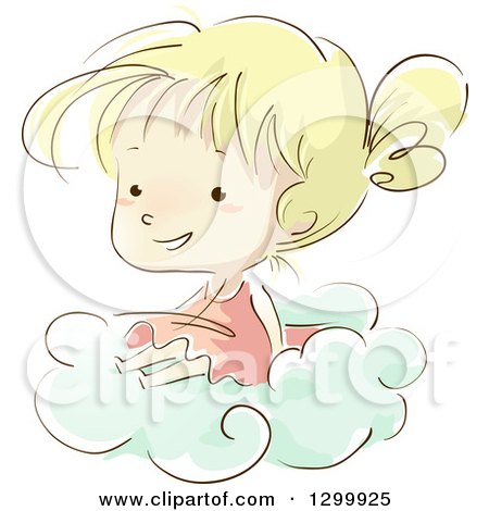 Clipart of a Sketched Blond White Girl Sitting on a Cloud - Royalty Free Vector Illustration by BNP Design Studio