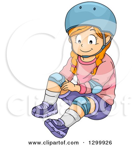Clipart of a Red Haired White Girl Applying Knee Pads - Royalty Free Vector Illustration by BNP Design Studio