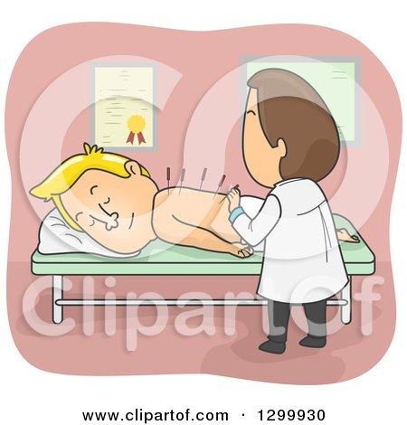 Clipart of a Cartoon White Male Patient Receiving Acupuncture Treatment - Royalty Free Vector Illustration by BNP Design Studio