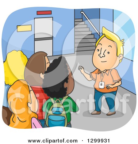 Clipart of a Cartoon Blond White Man Giving Freshment a College Campus Tour - Royalty Free Vector Illustration by BNP Design Studio