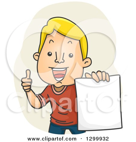 Clipart of a Cartoon Happy Blond White Man Giving a Thumb up and Holding up a Piece of Paper - Royalty Free Vector Illustration by BNP Design Studio