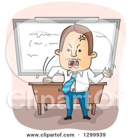 Clipart of a Cartoon Angry Brunette White Male Professor Throwing a Fit in Front of His Desk - Royalty Free Vector Illustration by BNP Design Studio