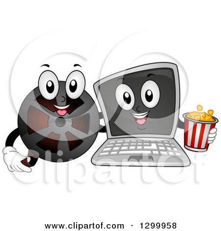 Clipart of a Cartoon Laptop Computer and Film Reel with Popcorn - Royalty Free Vector Illustration by BNP Design Studio