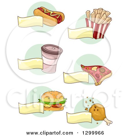 Clipart of Sketched Coffee and Foods and Blank Banners over Green Circles - Royalty Free Vector Illustration by BNP Design Studio