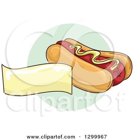 Clipart of a Sketched Hot Dog and Blank Banner over a Green Circle - Royalty Free Vector Illustration by BNP Design Studio