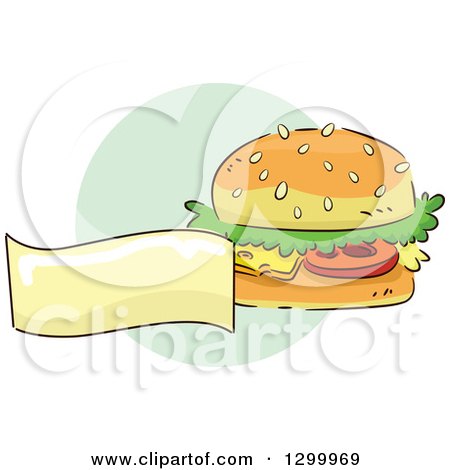 Clipart of a Sketched Cheeseburger and Blank Banner over a Green Circle - Royalty Free Vector Illustration by BNP Design Studio