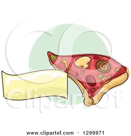 Clipart of a Sketched Pizza Slice and Blank Banner over a Green Circle - Royalty Free Vector Illustration by BNP Design Studio