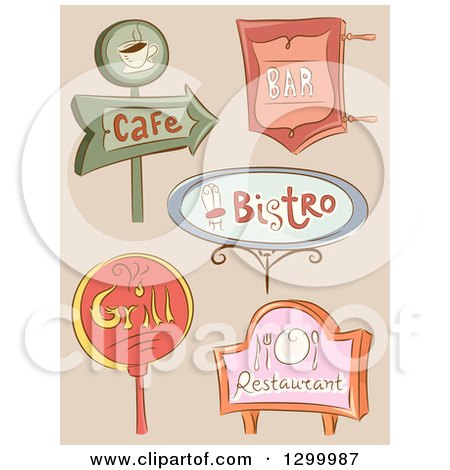 Clipart of Sketched Sign Boards for Restaurants - Royalty Free Vector Illustration by BNP Design Studio