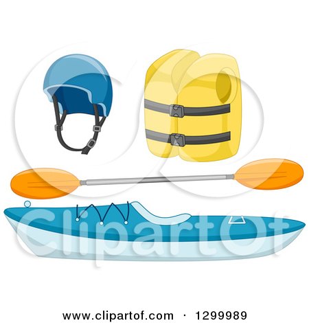 Clipart of a Kayak with a Paddle, Vest and Helmet - Royalty Free Vector Illustration by BNP Design Studio