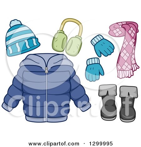 Clipart of a Winter Coat, Scarf, Boots, Mittens, Hat and Earmuffs - Royalty Free Vector Illustration by BNP Design Studio