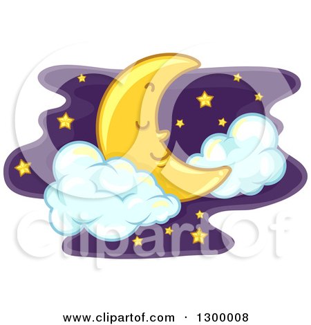 Clipart of a Pleasant Sleeping Crescent Moon with Clouds and Stars - Royalty Free Vector Illustration by BNP Design Studio
