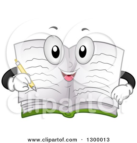 Clipart of a Cartoon Book Character Writing on Its Own Pages - Royalty Free Vector Illustration by BNP Design Studio