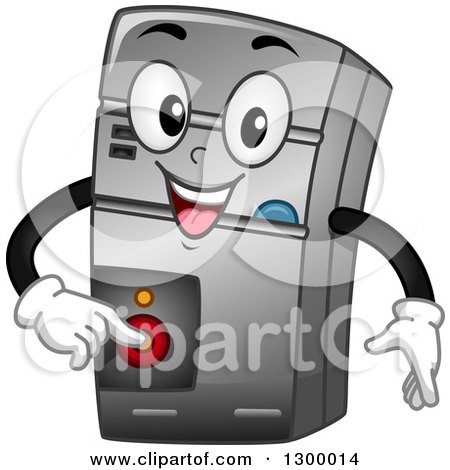 Clipart of a Cartoon CPU Pushing a Power Button - Royalty Free Vector Illustration by BNP Design Studio