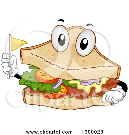 Clipart of a Cartoon Clubhouse Sandwich Character Holding a Toothpick Flag - Royalty Free Vector Illustration by BNP Design Studio