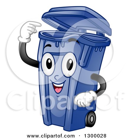 Clipart of a Cartoon Blue Trash Can Character Pointing Inside - Royalty Free Vector Illustration by BNP Design Studio