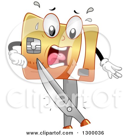 Clipart of a Cartoon Credit Card Character Being Cut by Scissors - Royalty Free Vector Illustration by BNP Design Studio