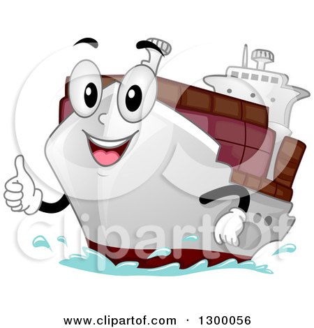 Clipart of a Cartoon Cargo Ship Character Holding a Thumb up - Royalty Free Vector Illustration by BNP Design Studio