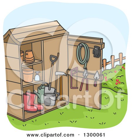 Clipart of a Cartoon Garden Shed with Tools, Boots and Pots - Royalty Free Vector Illustration by BNP Design Studio
