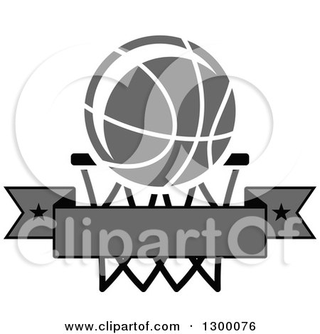 Clipart of a Grayscale Basketball over a Hoop and Blank Banner - Royalty Free Vector Illustration by Vector Tradition SM