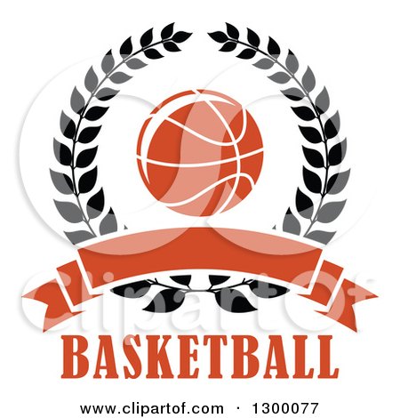 Clipart of an Orange Basketball in a Black Wreath with a Blank Banner over Text - Royalty Free Vector Illustration by Vector Tradition SM